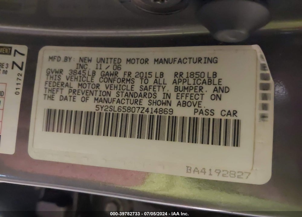 2007 PONTIAC VIBE VIN: 5Y2SL65807Z414869