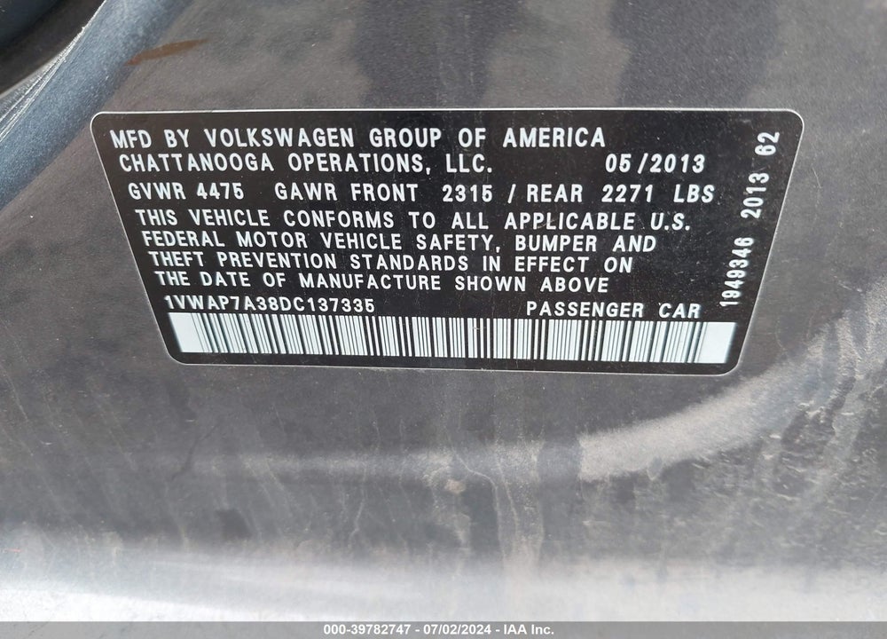 2013 VOLKSWAGEN PASSAT 2.5L WOLFSBURG EDITION VIN: 1VWAP7A38DC137335