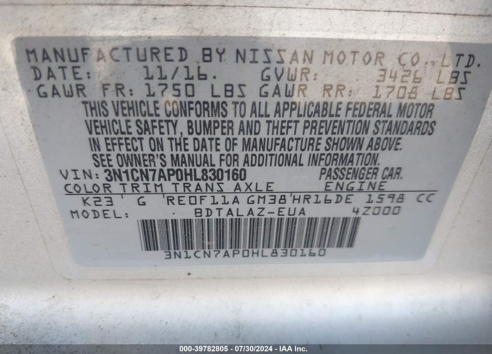 2017 NISSAN VERSA 1.6 S+ VIN: 3N1CN7AP0HL830160