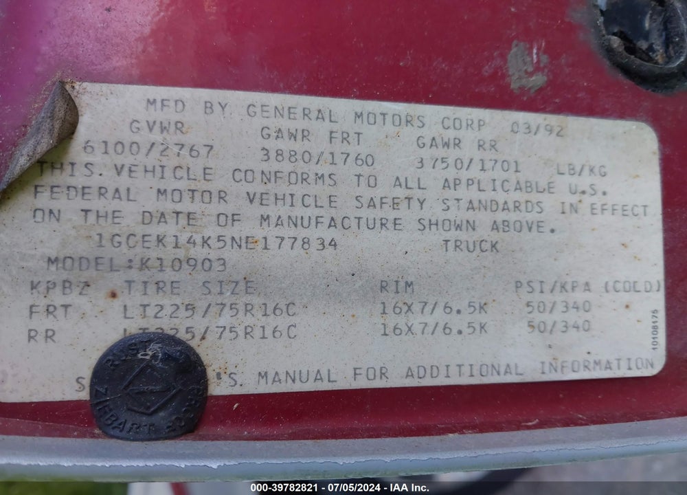 1992 CHEVROLET GMT-400 K1500 VIN: 1GCEK14K5NE177834