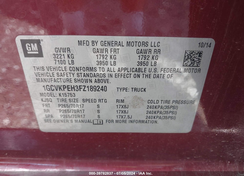 2015 CHEVROLET SILVERADO 1500 WT VIN: 1GCVKPEH3FZ189240