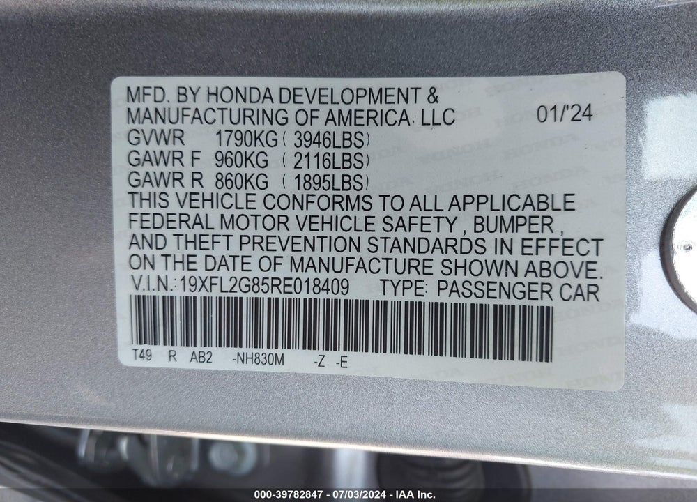 2024 HONDA CIVIC SPORT VIN: 19XFL2G85RE018409