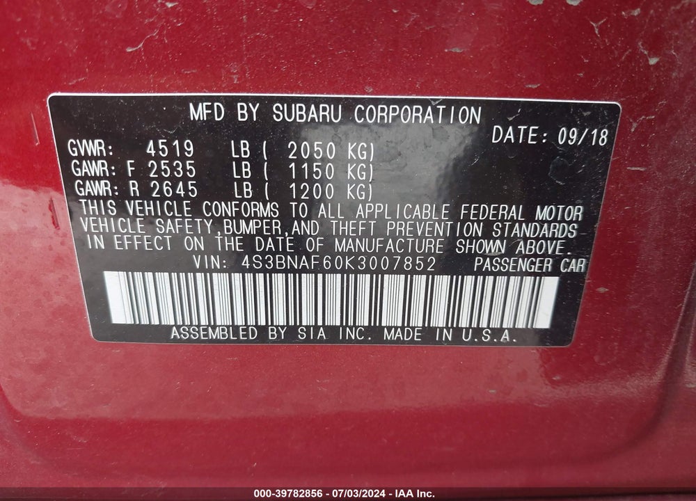 2019 SUBARU LEGACY 2.5I PREMIUM VIN: 4S3BNAF60K3007852
