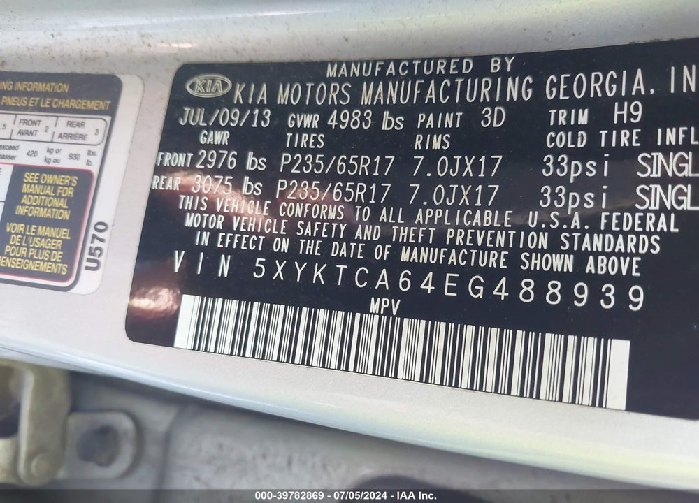 2014 KIA SORENTO LX VIN: 5XYKTCA64EG488939