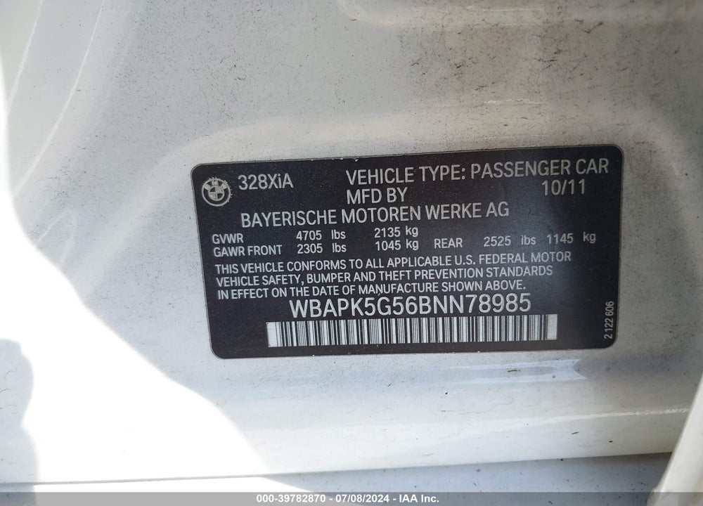 2011 BMW 328I XDRIVE VIN: WBAPK5G56BNN78985