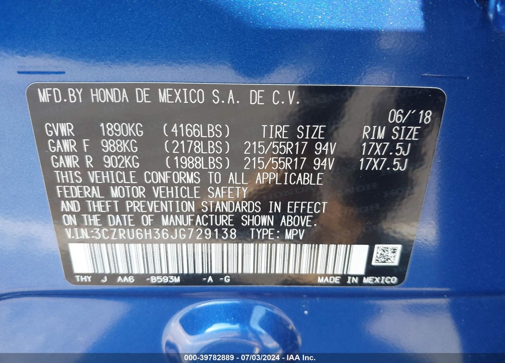 2018 HONDA HR-V LX VIN: 3CZRU6H36JG729138