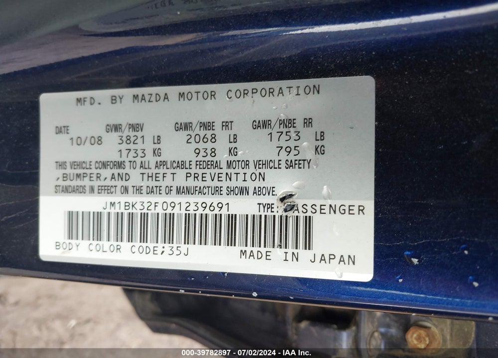 2009 MAZDA 3 I VIN: JM1BK32F091239691