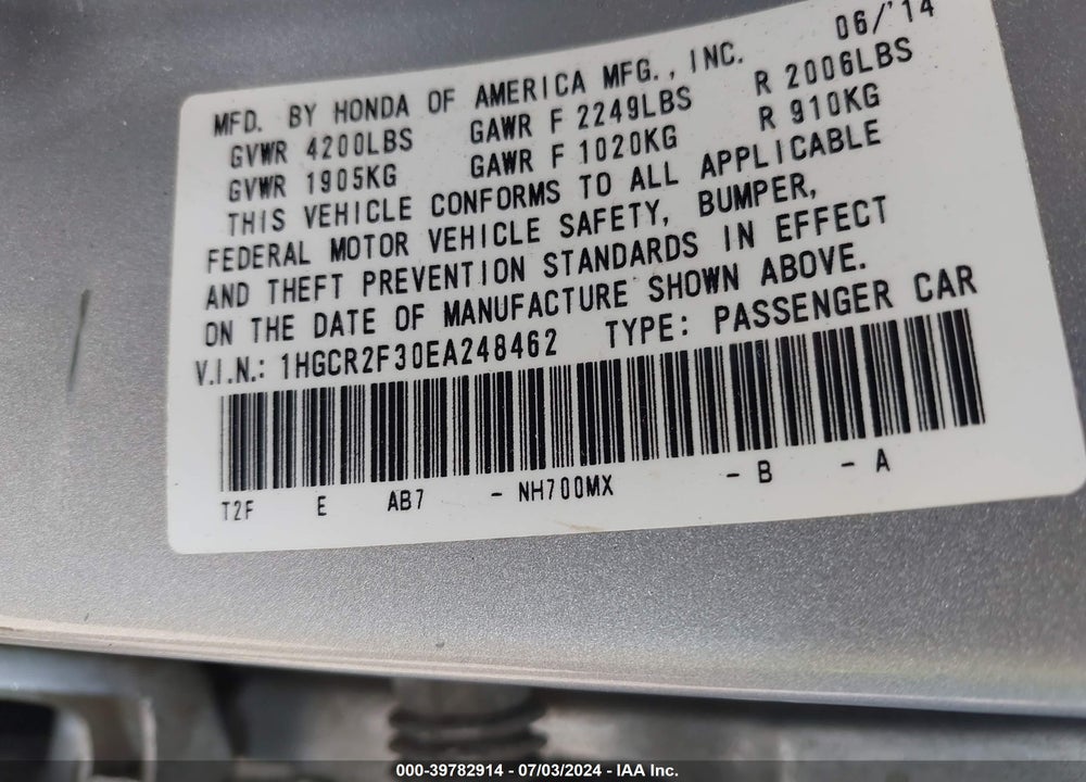 2014 HONDA ACCORD LX VIN: 1HGCR2F30EA248462
