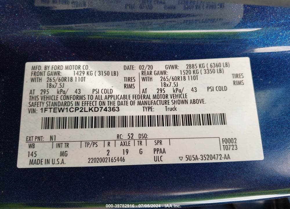 2020 FORD F-150 XLT VIN: 1FTEW1CP2LKD74363