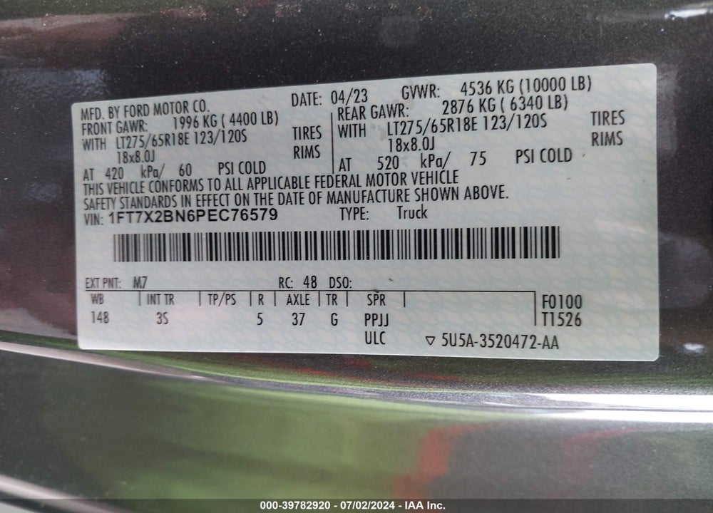 2023 FORD F-250 XLT VIN: 1FT7X2BN6PEC76579