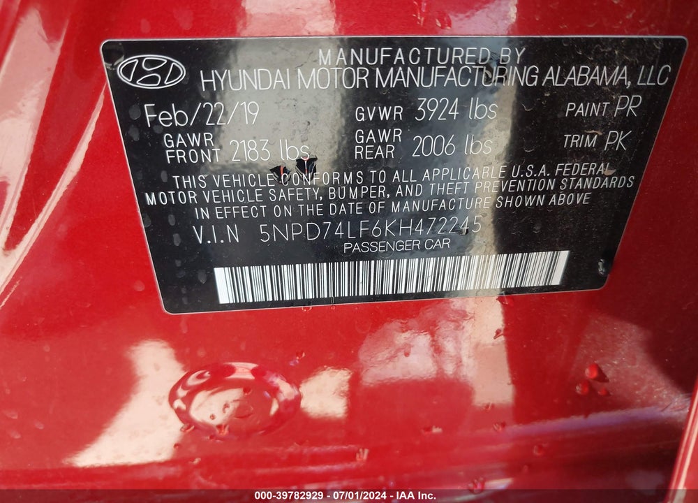 2019 HYUNDAI ELANTRA SE VIN: 5NPD74LF6KH472245
