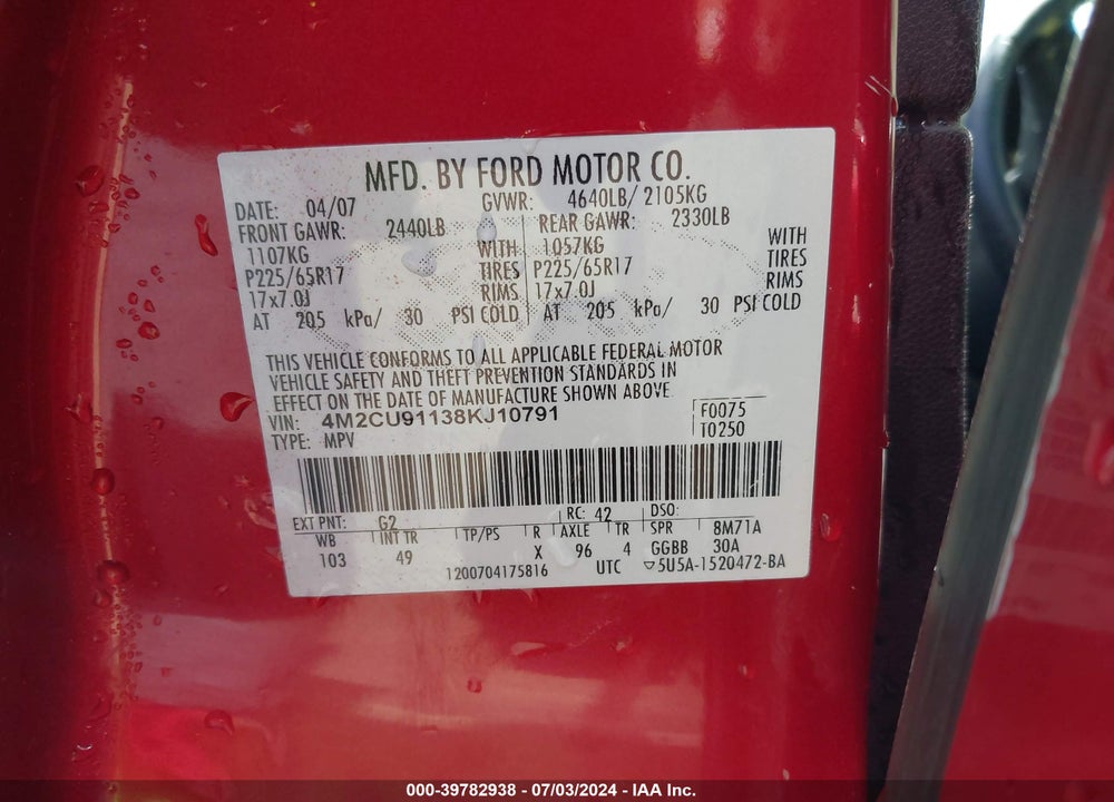 2008 MERCURY MARINER V6 VIN: 4M2CU91138KJ10791