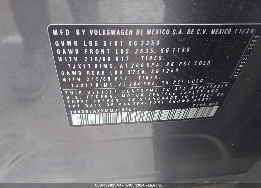 2021 VOLKSWAGEN TIGUAN 2.0T SE/2.0T SE R-LINE BLACK/2.0T SEL VIN: 3VV3B7AXXMM038304
