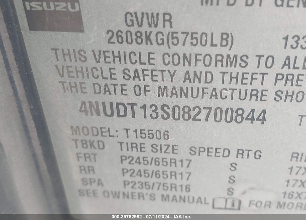 2008 ISUZU ASCENDER S VIN: 4NUDT13S082700844