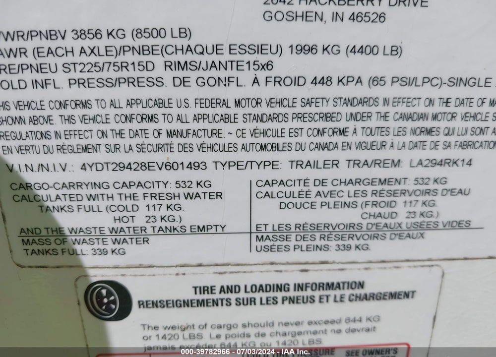 2014 KEYSTONE RV OTHER VIN: 4YDT29428EV601493