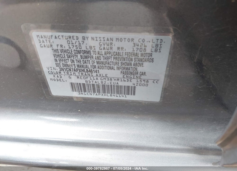2017 NISSAN VERSA 1.6 SV VIN: 3N1CN7APXHL846141