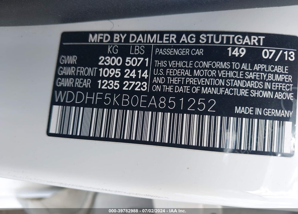 2014 MERCEDES-BENZ E 350 VIN: WDDHF5KB0EA851252