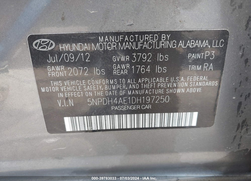 2013 HYUNDAI ELANTRA GLS VIN: 5NPDH4AE1DH197250