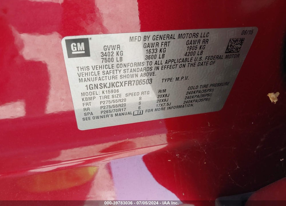 2015 CHEVROLET SUBURBAN 1500 LT VIN: 1GNSKJKCXFR706503