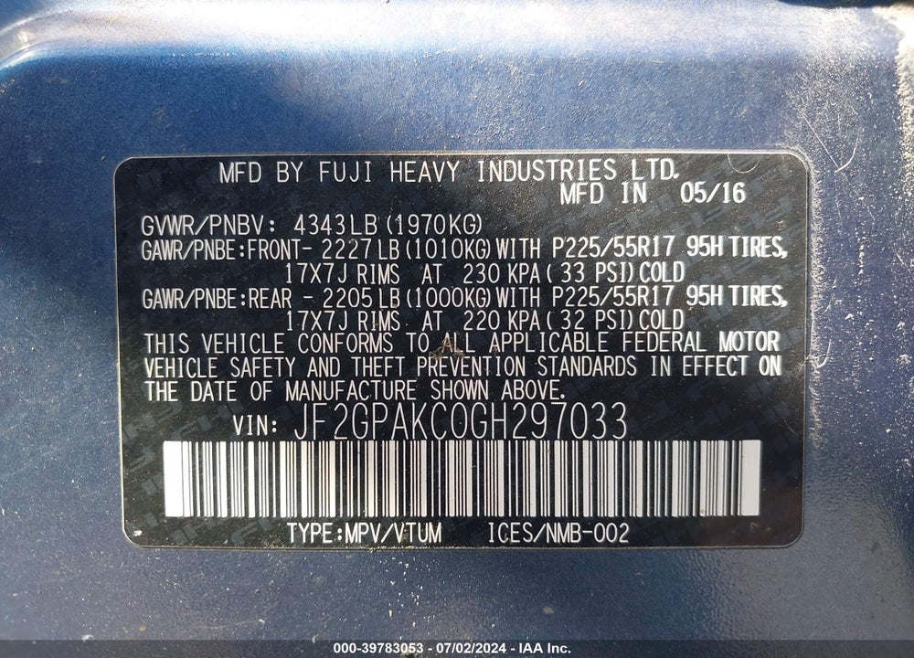 2016 SUBARU CROSSTREK 2.0I LIMITED VIN: JF2GPAKC0GH297033