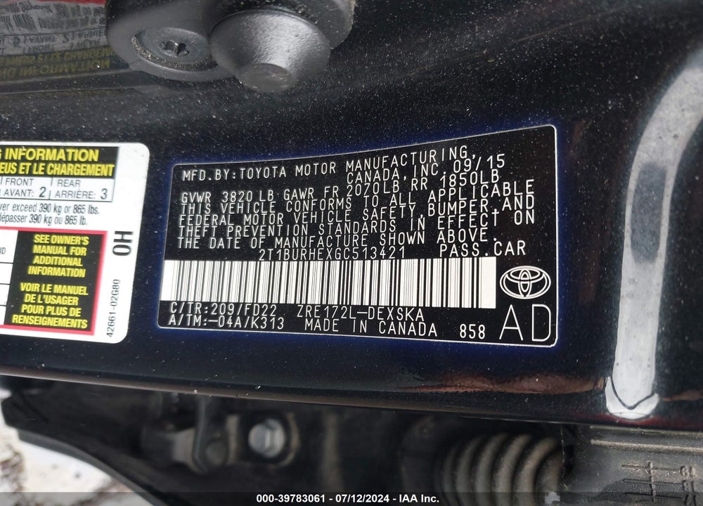 2016 TOYOTA COROLLA S PLUS VIN: 2T1BURHEXGC513421