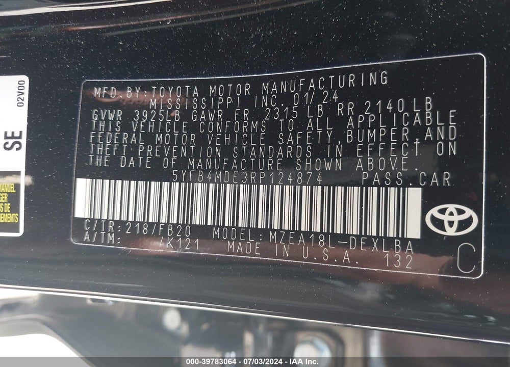 2024 TOYOTA COROLLA LE VIN: 5YFB4MDE3RP124874