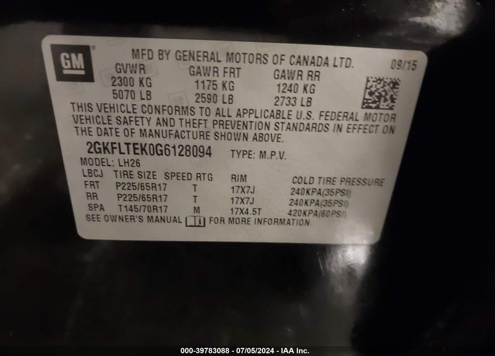 2016 GMC TERRAIN SLE-2 VIN: 2GKFLTEK0G6128094