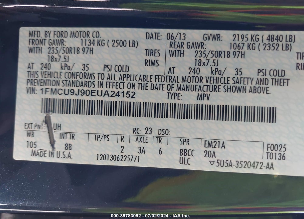 2014 FORD ESCAPE TITANIUM VIN: 1FMCU9J90EUA24152