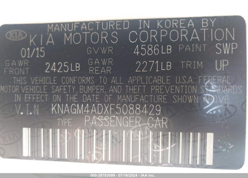 2015 KIA OPTIMA HYBRID VIN: KNAGM4ADXF5088429
