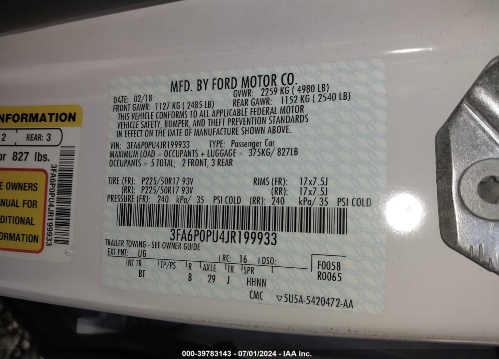 2018 FORD FUSION ENERGI SE LUXURY VIN: 3FA6P0PU4JR199933