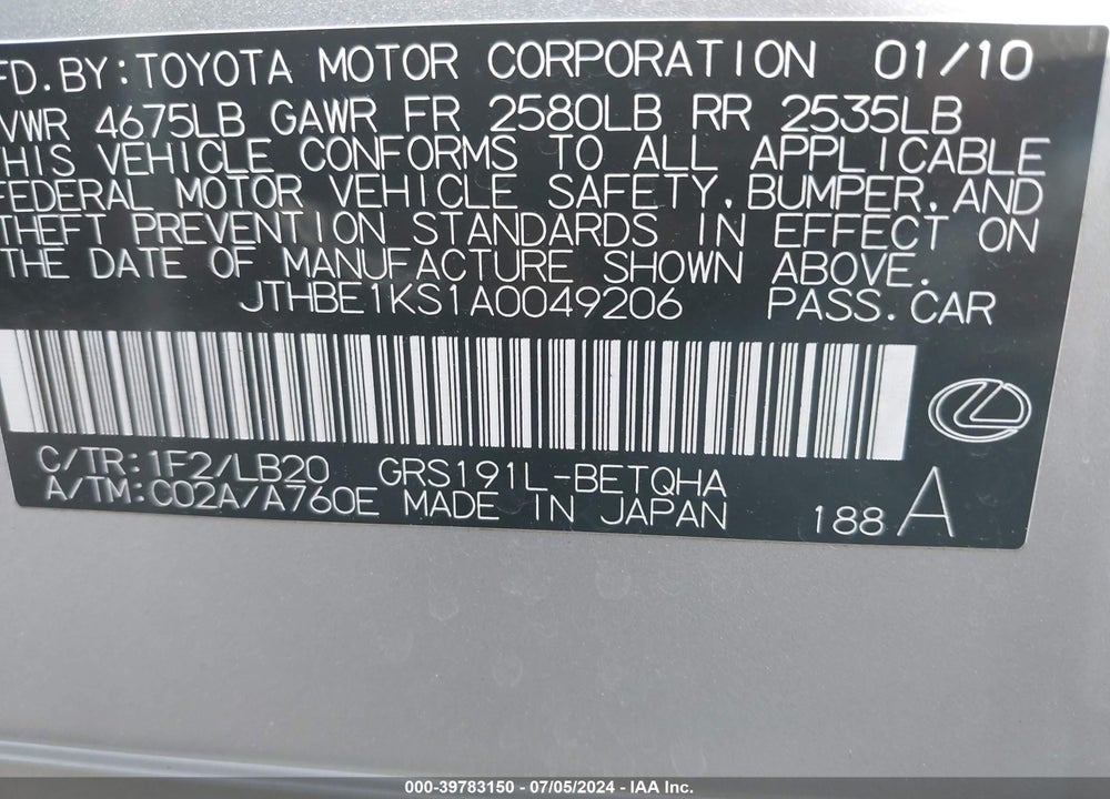 2010 LEXUS GS 350 VIN: JTHBE1KS1A0049206