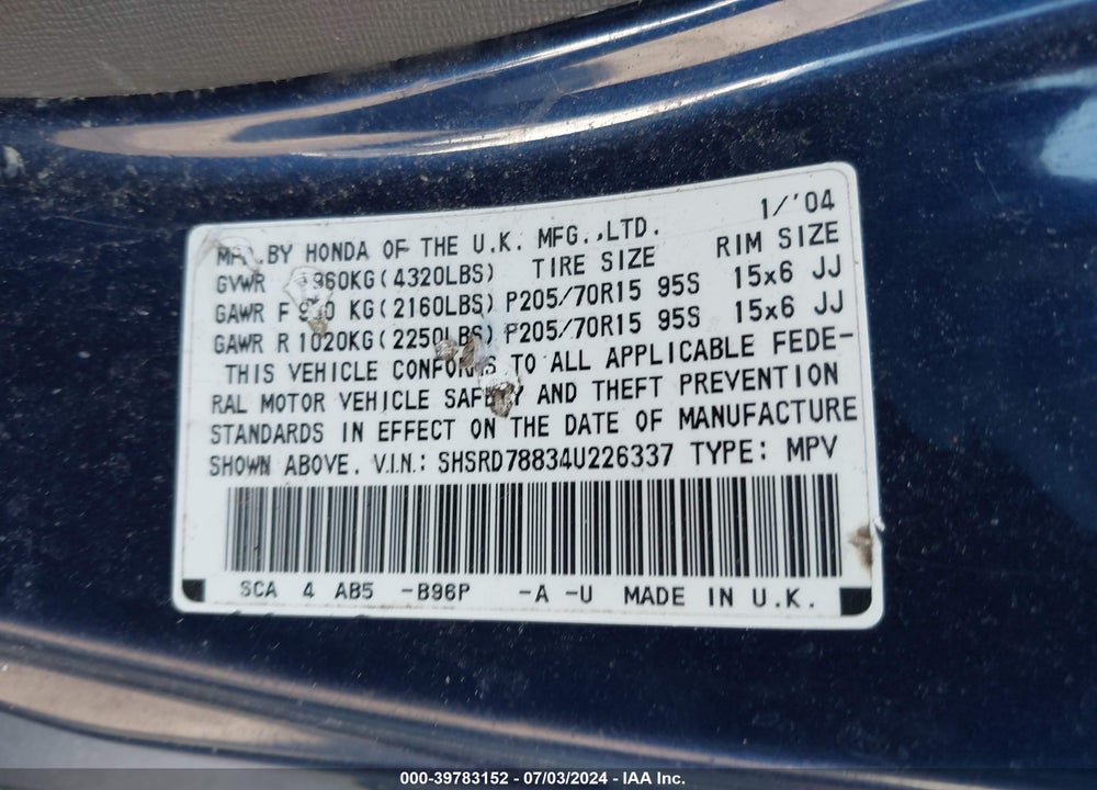2004 HONDA CR-V EX VIN: SHSRD78834U226337