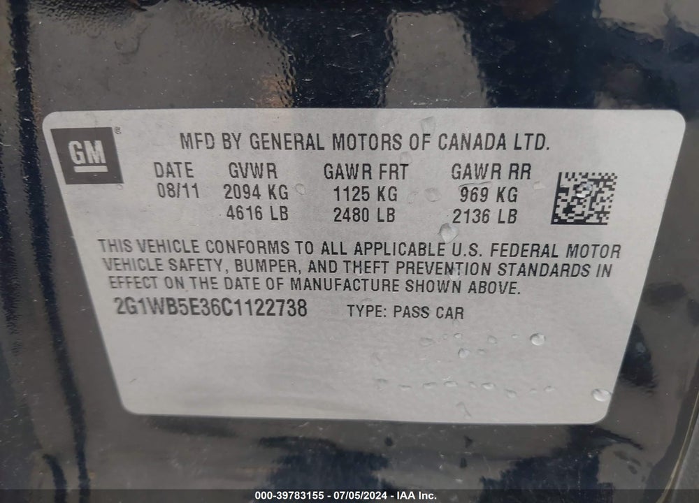 2011 CHEVROLET IMPALA LT VIN: 2G1WG5EK5B1224488