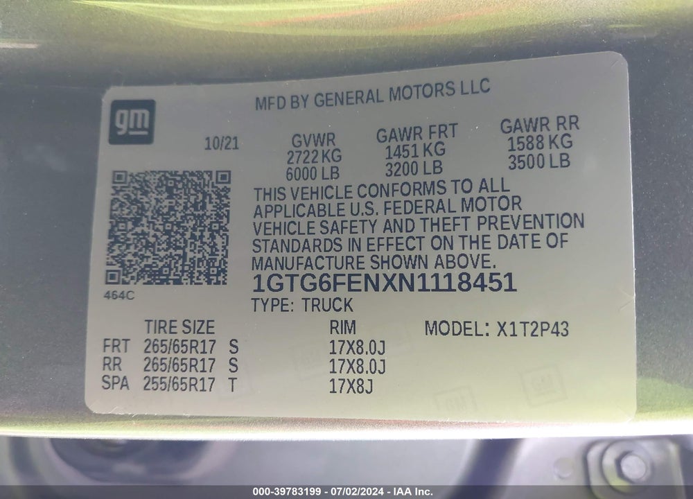 2022 GMC CANYON 4WD SHORT BOX AT4 - LEATHER VIN: 1GTG6FENXN1118451