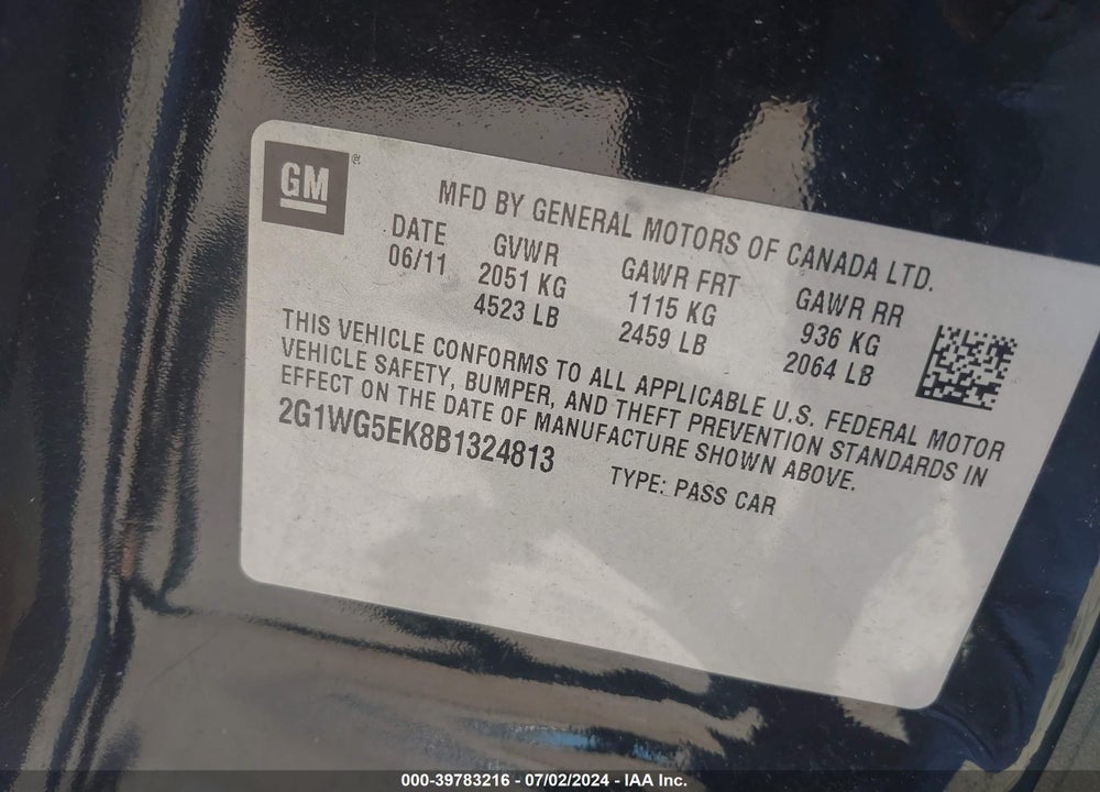 2011 CHEVROLET IMPALA LT VIN: 2G1WG5EK8B1324813