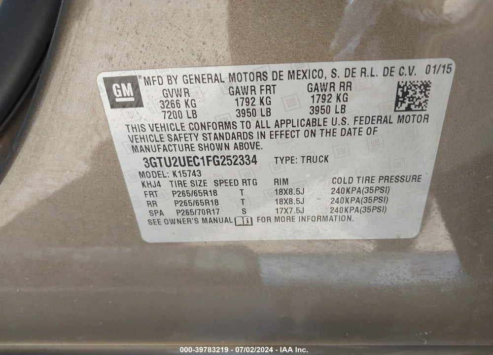 2015 GMC SIERRA 1500 SLE VIN: 3GTU2UEC1FG252334