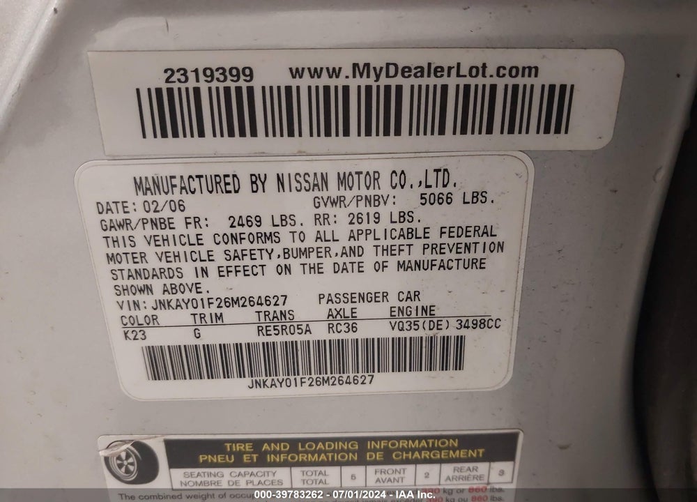 2006 INFINITI M35X VIN: JNKAY01F26M264627