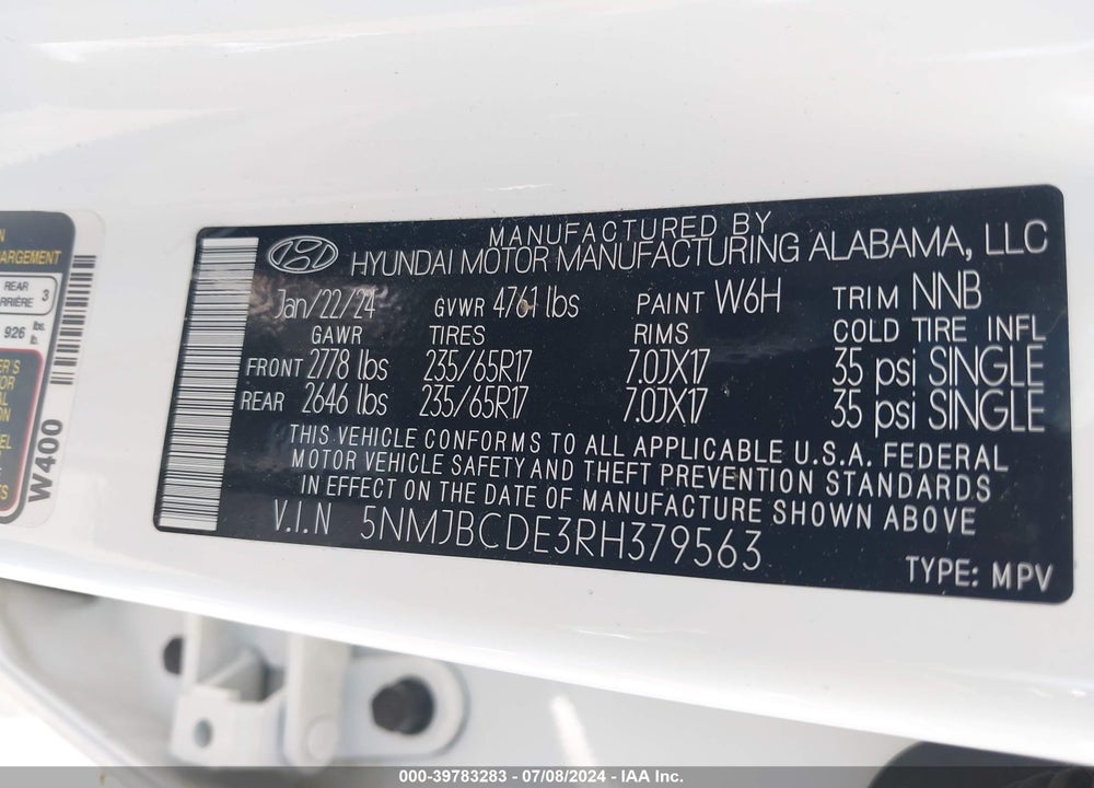2024 HYUNDAI TUCSON SEL VIN: 5NMJBCDE3RH379563