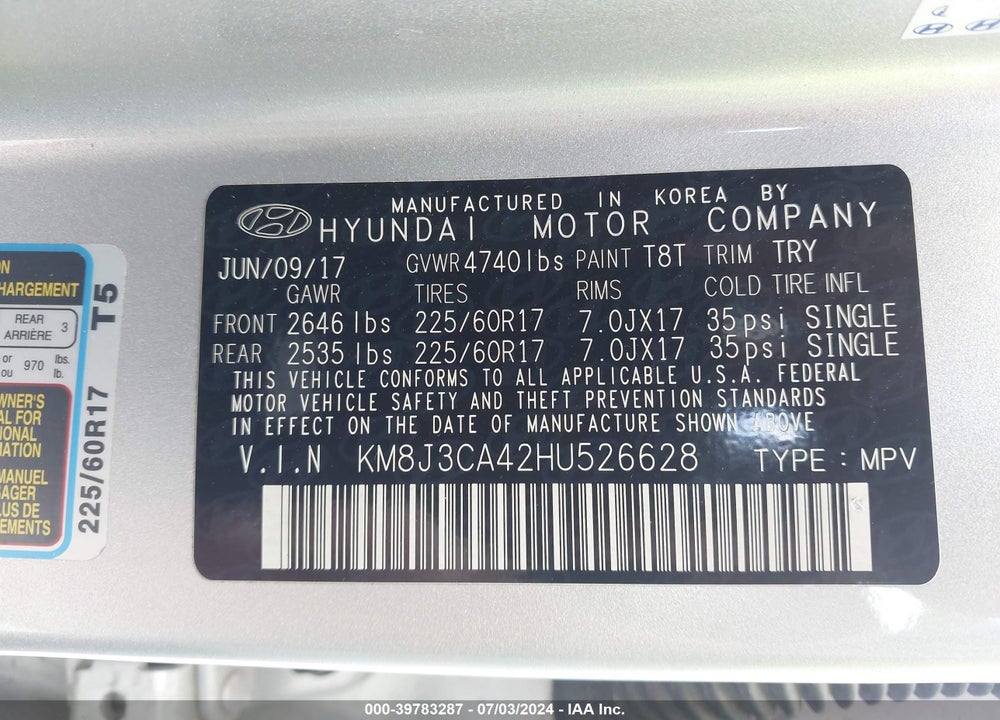 2017 HYUNDAI TUCSON SE PLUS VIN: KM8J3CA42HU526628