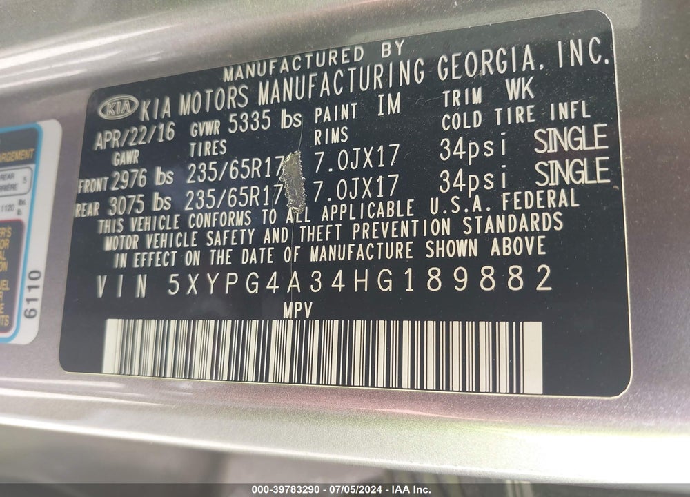 2017 KIA SORENTO VIN: 5XYPG4A34HG189882