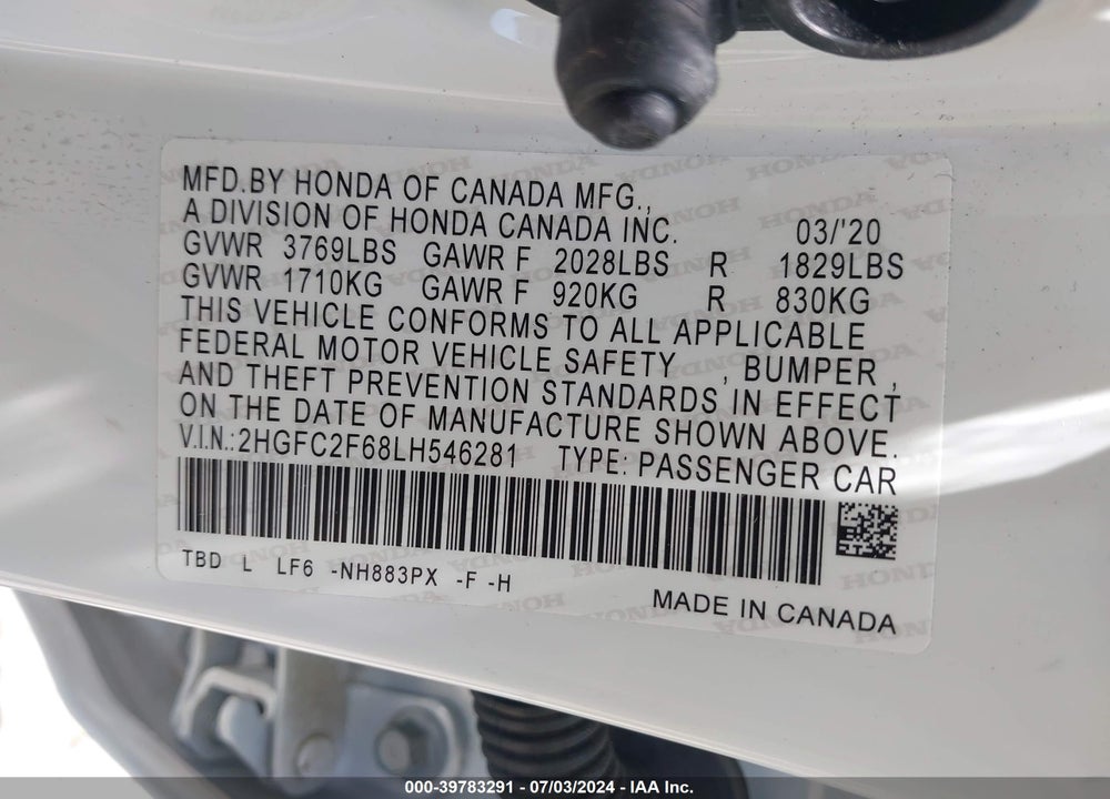 2020 HONDA CIVIC LX VIN: 2HGFC2F68LH546281