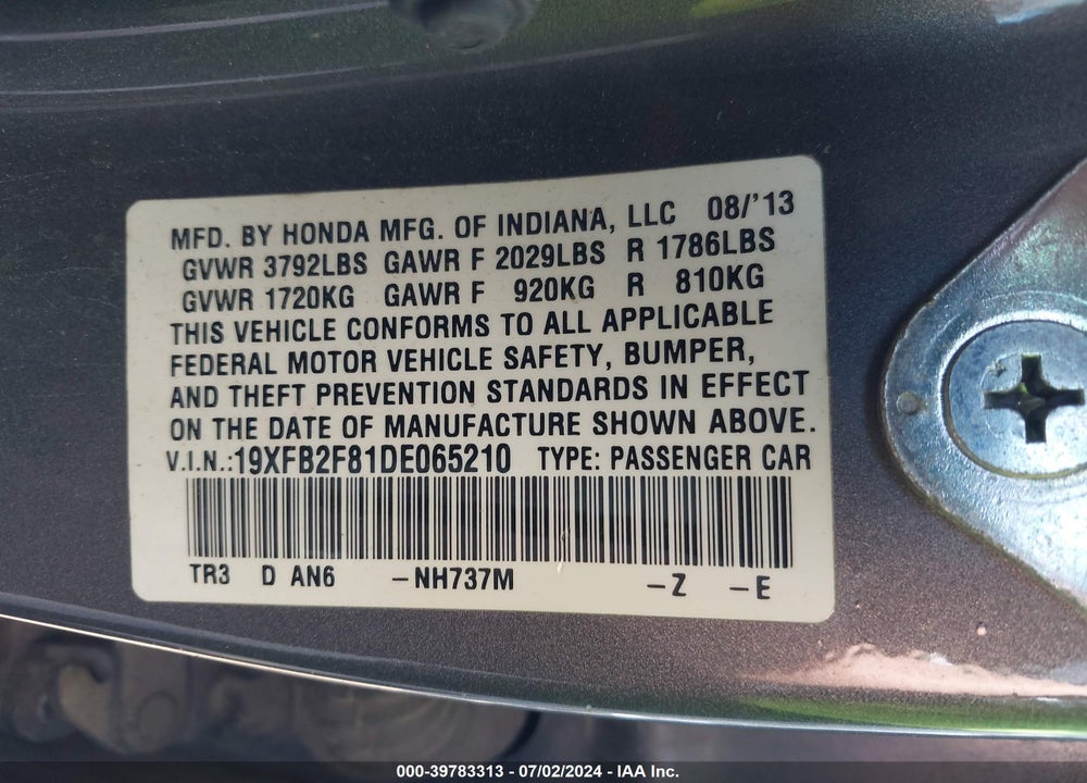 2013 HONDA CIVIC EX VIN: 19XFB2F81DE065210