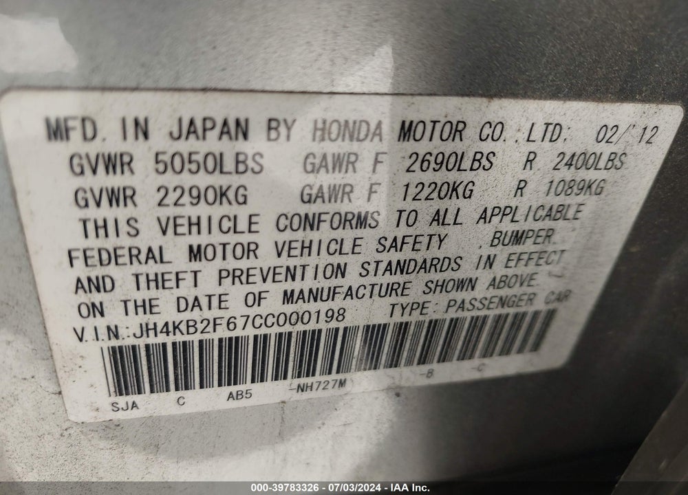 2012 ACURA RL 3.7L TECHNOLOGY PACKAGE VIN: JH4KB2F67CC000198