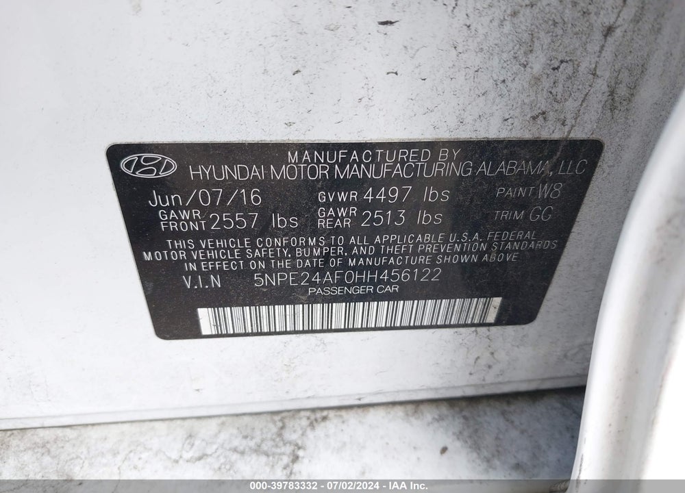 2017 HYUNDAI SONATA SE VIN: 5NPE24AF0HH456122