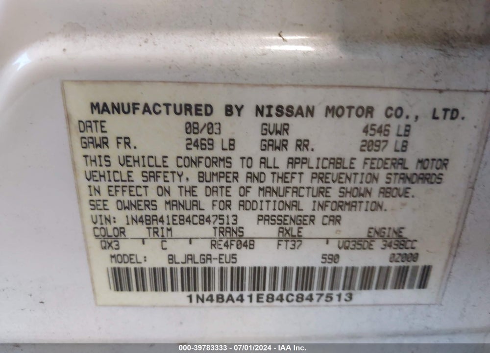 2004 NISSAN MAXIMA 3.5 SL VIN: 1N4BA41E84C847513