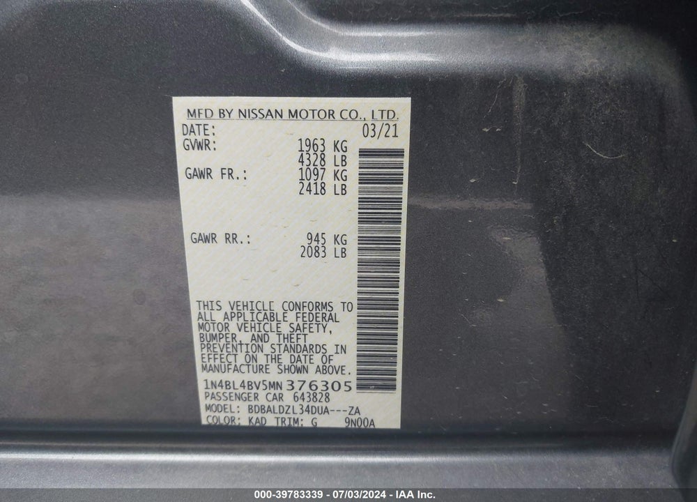 2021 NISSAN ALTIMA S FWD VIN: 1N4BL4BV5MN376305