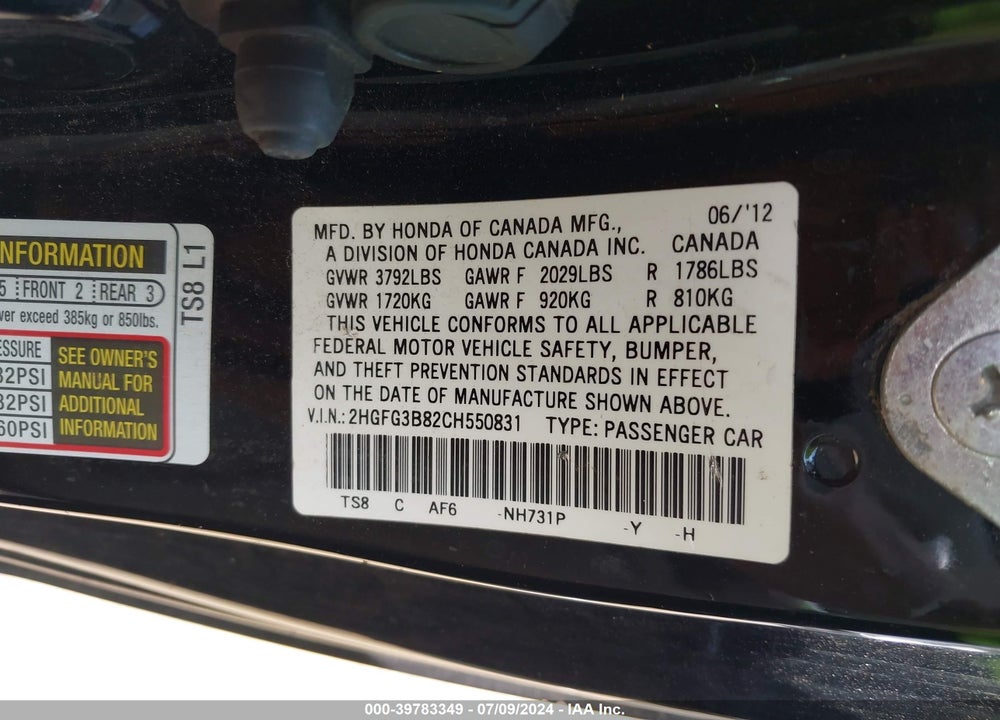 2012 HONDA CIVIC EX VIN: 2HGFG3B82CH550831