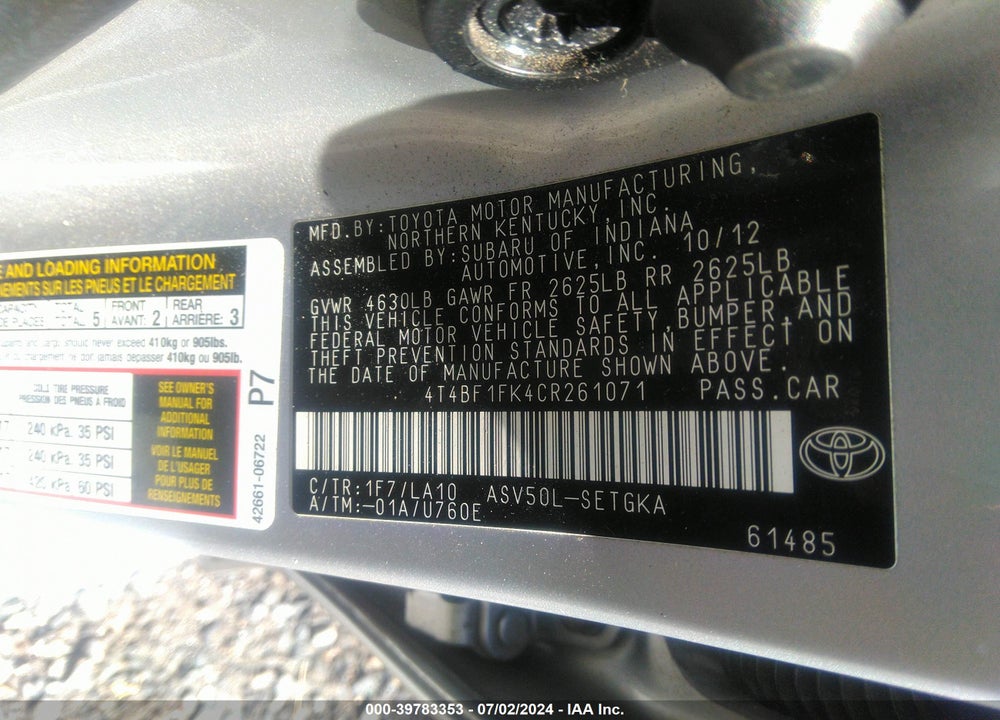 2012 TOYOTA CAMRY XLE VIN: 4T4BF1FK4CR261071