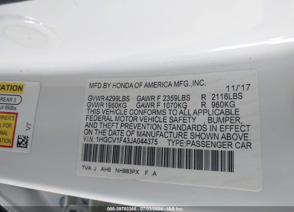 2018 HONDA ACCORD EX VIN: 1HGCV1F43JA044375