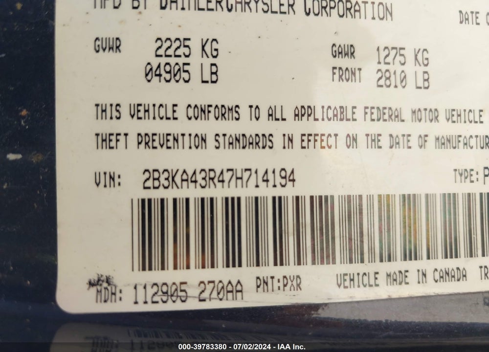 2007 DODGE CHARGER VIN: 2B3KA43R47H714194